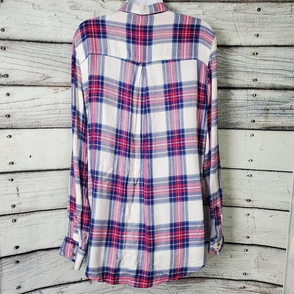 Tinsel Women’s Large Pink Blue Plaid Long Sleeve Button Down Shirt 100% Rayon - Picture 4 of 8